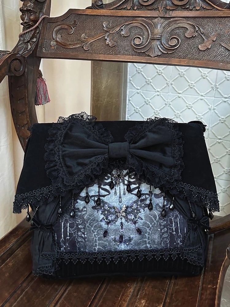 Black and Butterfly Print Bow Bag Shoulder Decoration with Lolita Tassel Gothic Bead