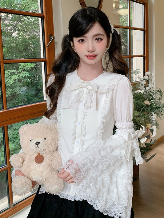 White Gothic Lolita Blouse with Flared Sleeves and Lace - Lan Jian Chuan