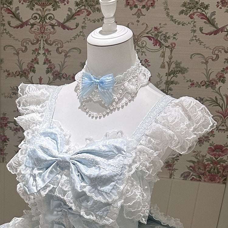 Chain Bead Choker Lace Decor With Bow Blue/Pink