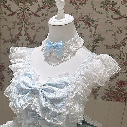 Chain Bead Choker Lace Decor With Bow Blue/Pink