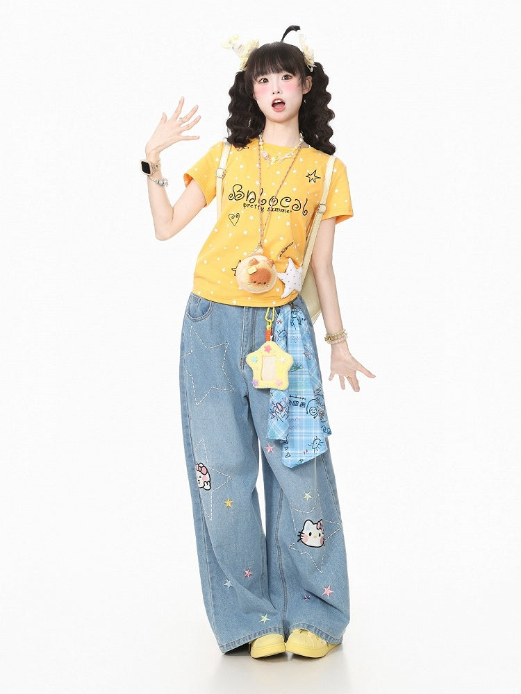 Yellow Daily Kawaii Star Print Crew Neck Short Sleeve T-Shirt with 3D Star Decoration - Languid Park