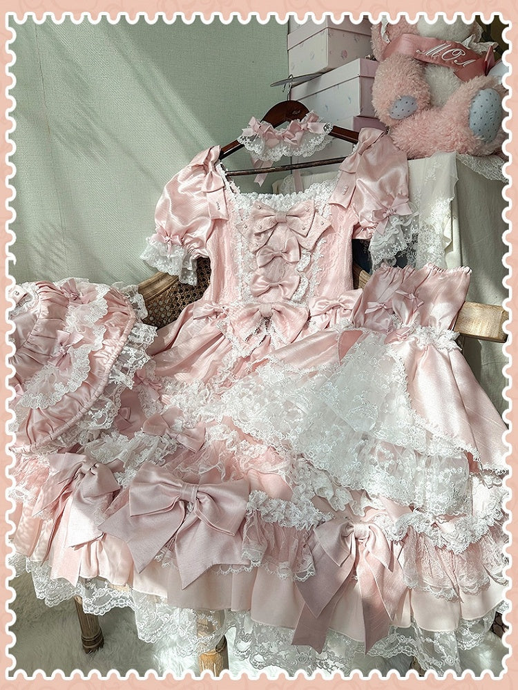 Kleid Sweet Lolita Rosa Akzente Hohe Abnehmbare mit Ärmeln Schleife Taille Prinzessin
