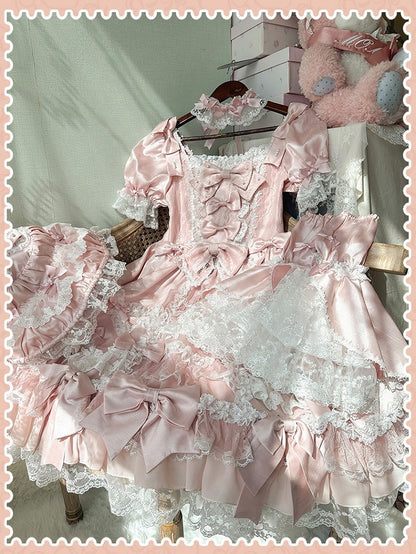 Kleid Sweet Lolita Rosa Akzente Hohe Abnehmbare mit Ärmeln Schleife Taille Prinzessin