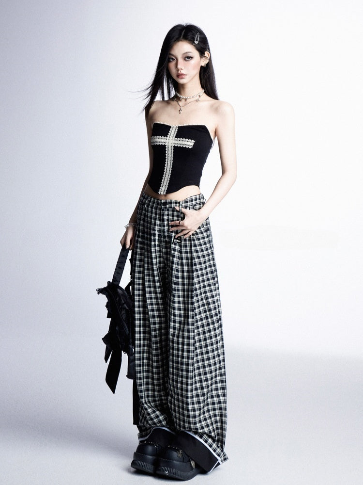 ブラックホワイトチェック柄ローウエストストレートレッグパンツ