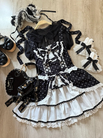 Black and White Polka Dot Elegant Halter Neck Dress / Black Peter Pan Collar Semi-Sheer Tulle Blouse