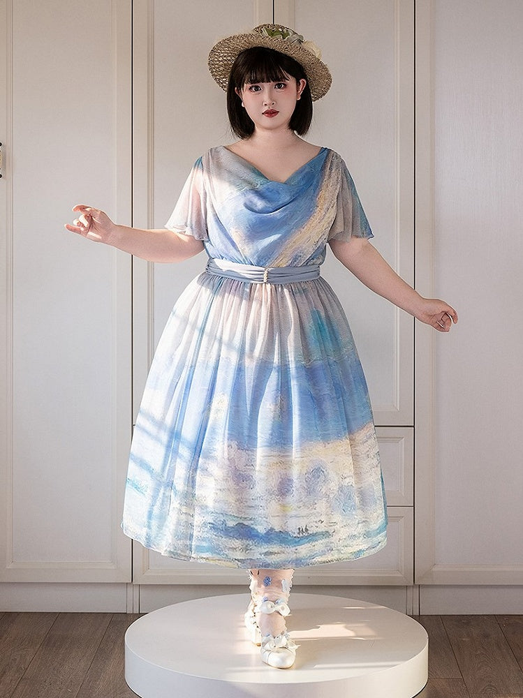 Blue Ocean Oil Painting Print Butterfly Sleeves Elegant Lolita Maxi Dress with Cowl Neckline