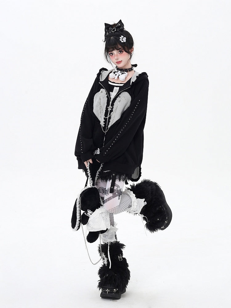 Black/Gray Ruffle Trim Zip-Up Hoodie with Bunny Ears and Sweetheart Applique