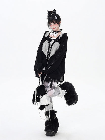 Black/Gray Ruffle Trim Zip-Up Hoodie with Bunny Ears and Sweetheart Applique
