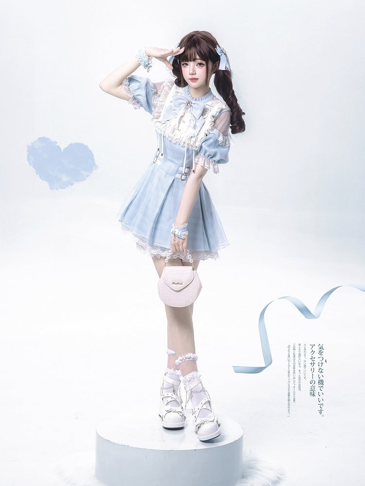 Blue Plaid and Neckline Lace-up with Cutout Kei Light Dress Jirai Shoulder