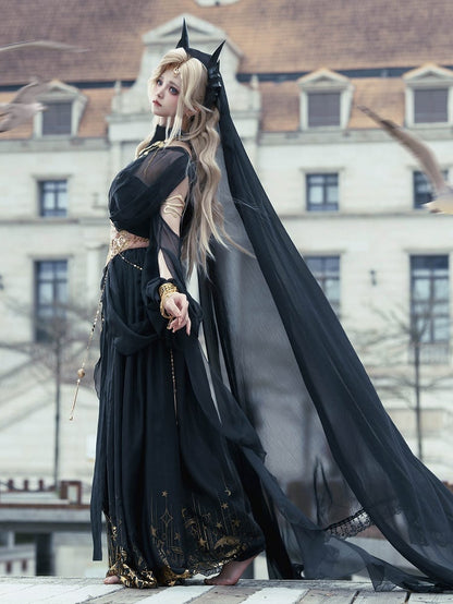 Sleeveless Vibes Moon Stars Full Neck Black Skirt + Print Top Golden Greek Halter and Set