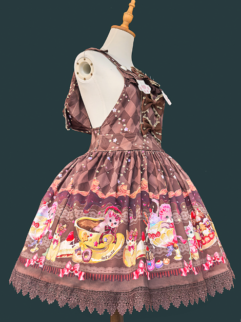 Lolita Cat Hood with Dress Ear Print Sweet Dessert Coffee Pattern Diamond and Overall
