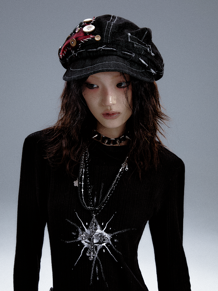 Black Beret Bold Unique Handcrafted Detailing with Star Button Denim Appliques