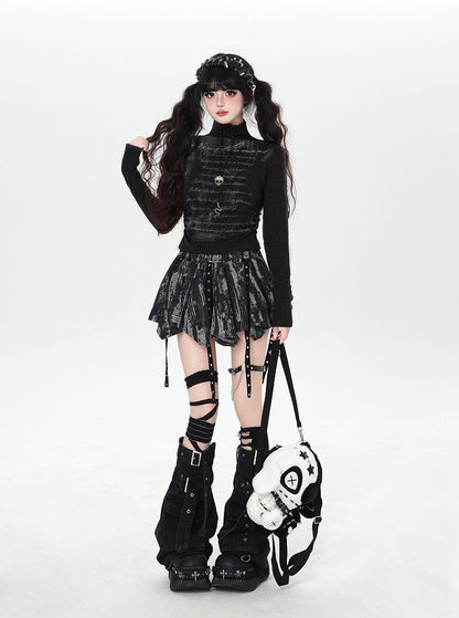 Thin Waist Top Letter with Fleece Black High-neck Ruched Print