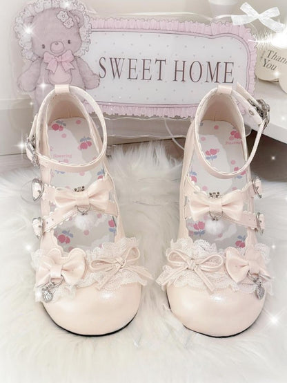 Mary Lolita Embellishments with Heel Design BeigeSweet Detail Scalloped Janes Bow Mid -