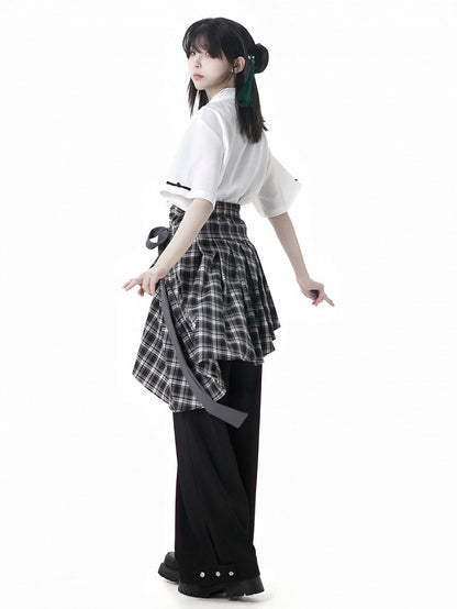 Plaid Skirt with Self-Tie Strap Black and White Asymmetrical Flounce Hem