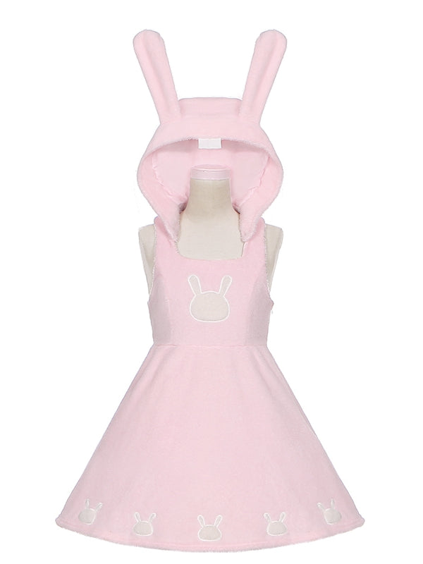 Pink Bunny Ears Hooded Plush Overalls Sweet Lolita Dress