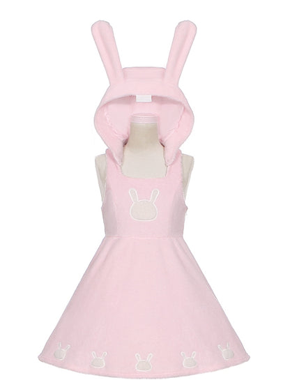Pink Bunny Ears Hooded Plush Overalls Sweet Lolita Dress