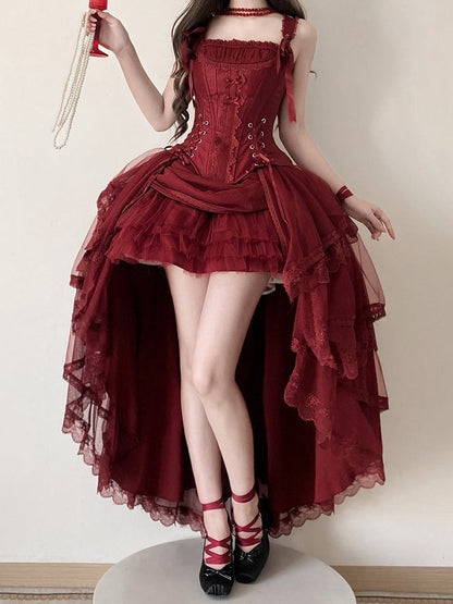 Layered Red Boned Corset Lolita + Top High-low Skirt Tulle Classic