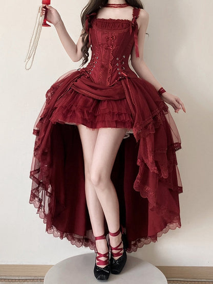Red Classic Lolita Corset Top with Layered Tulle Skirt - Caramelantike