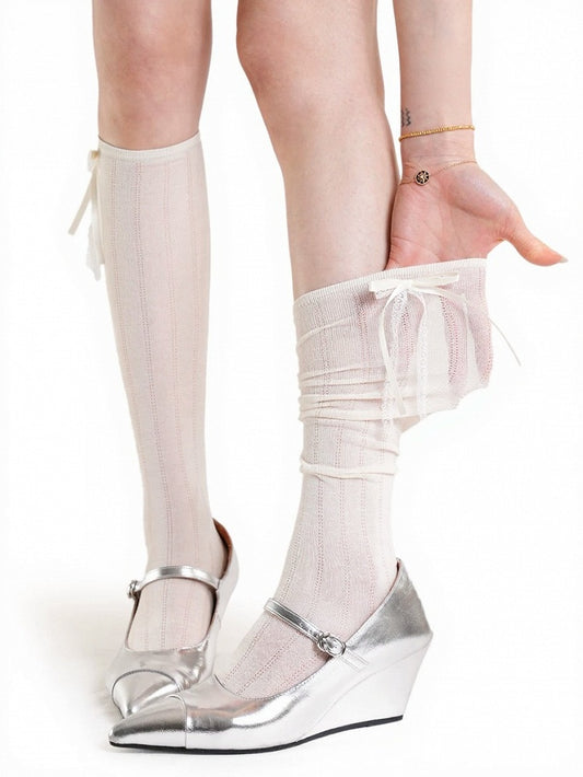 Striped Calf Socks with White Bowknot - ModaSwings
