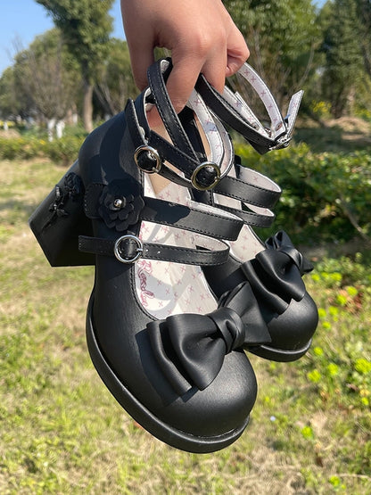 Heel Janes and Elegant Rose PU Block High Accent Bow Leather Matte Lolita Mary - Details with Black