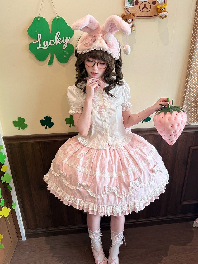 Pink & White Lace-Trimmed Skirt with Bow Accents - Hana Studio