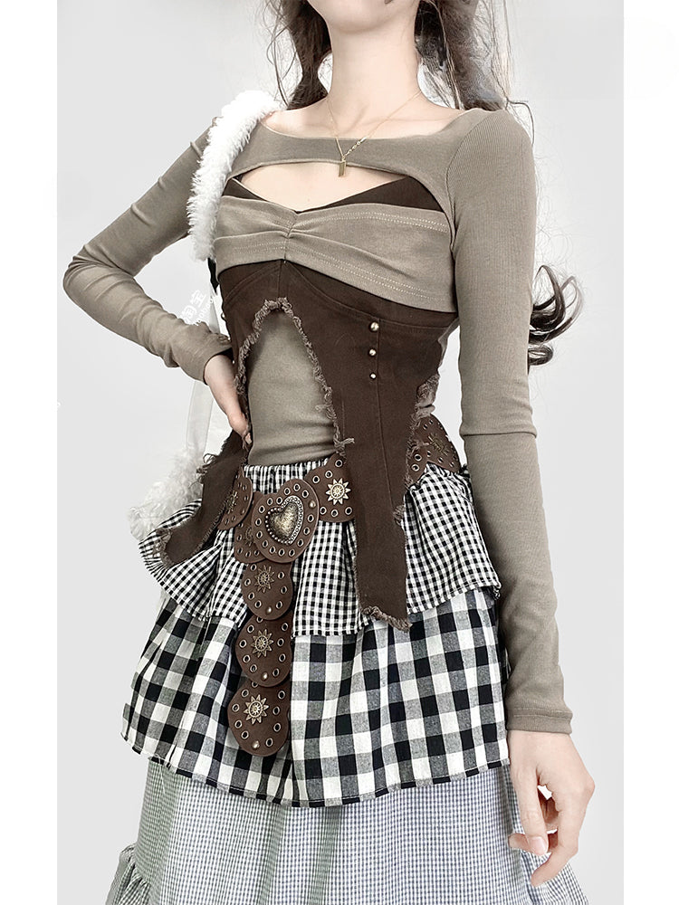 Vintage Brown V-Neck Cutout Detail Glamorous Slim-fitting Top