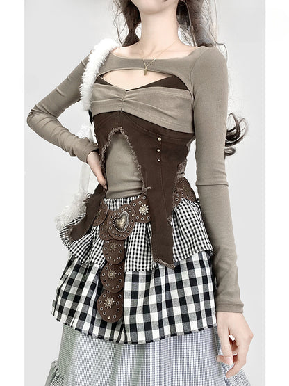 Vintage Brown V-Neck Cutout Detail Glamorous Slim-fitting Top