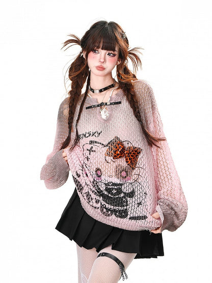 Top Kitty Print Pink/Apricot/Schwarz Distressed Löcher Sommer Sonnenschutz Aushöhlen