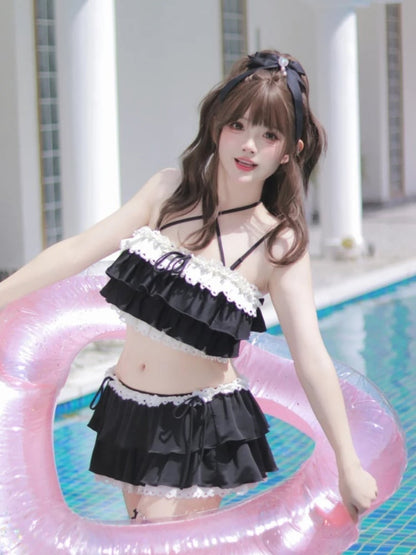 リボンディテール レーストリム 水着 ブラック ティアードフリル