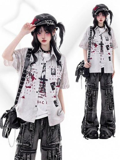 White Short Sleeve Shirt with Graffiti Print - KNOW8 Online Shop