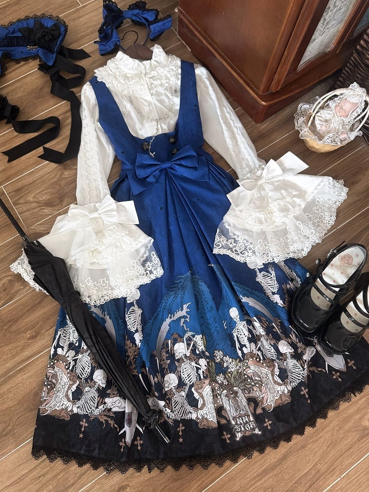 Blue Skeleton Cross Print Under Bust Gothic Lolita Dress with Black Lace Trim - NnSTAR