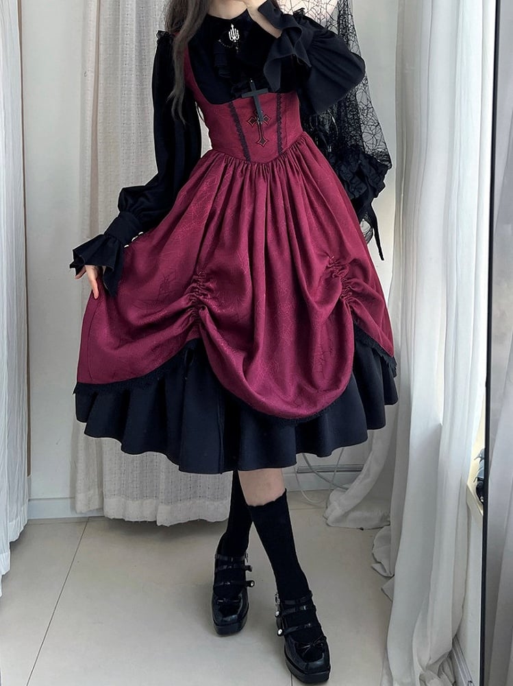 Waist Lolita Gothic Straps Drawstring Cross JSK Basque Dress and Red Shoulder Embroidery with Lace-Trimmed