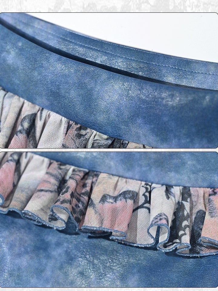 グランジパンクロックフェアリースタイルブルーバタフライティアードフリルアシンメトリーヘムパッチワークスカート