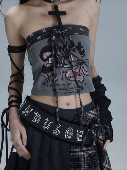 Bow Crop Punk Strapless Ties with Cherry Gray Top Patchwork Print