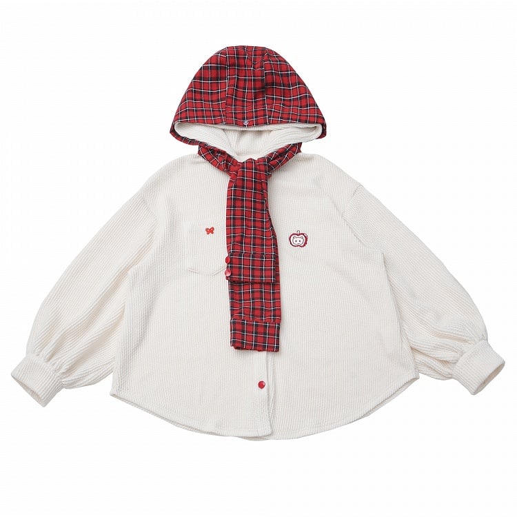 Hood White Knit Red Plaid with Scarf Regular/Thicken Hoodie Detachable