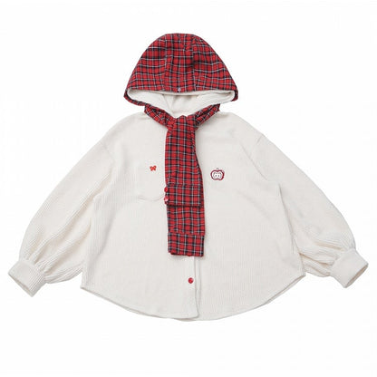 Hood White Knit Red Plaid with Scarf Regular/Thicken Hoodie Detachable