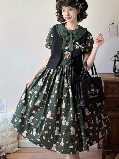 Bear Sleeves Long Dark Sweet Dress Print Version Lolita Short Green
