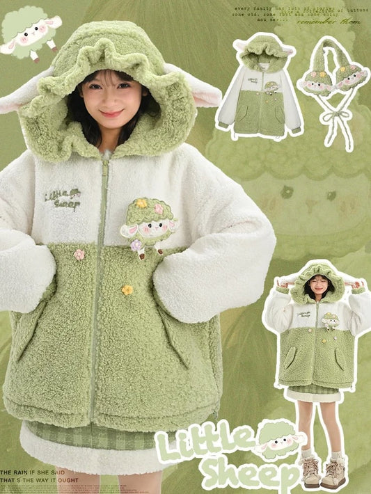 Niedliche Lamm-Applikation in Weiß und Grün mit Colorblock-Design, Fleece-Kapuzenpullover mit Reißverschluss