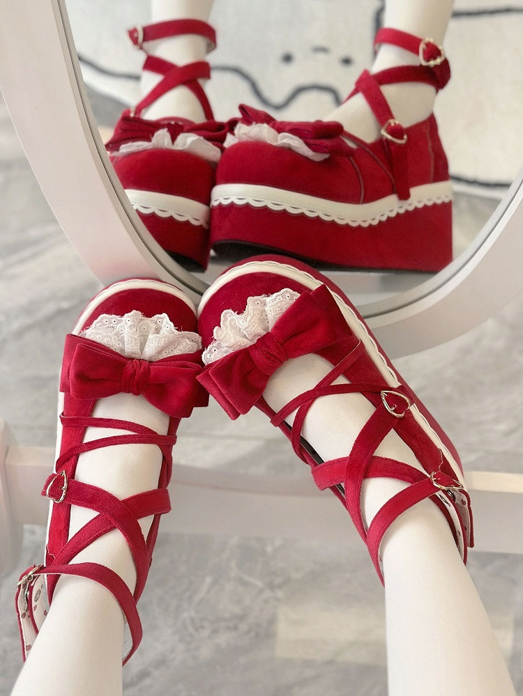 Lolita Velvet with Red Mary Janes - Crisscross Romantic for Lace Bow Design Accented Clasp