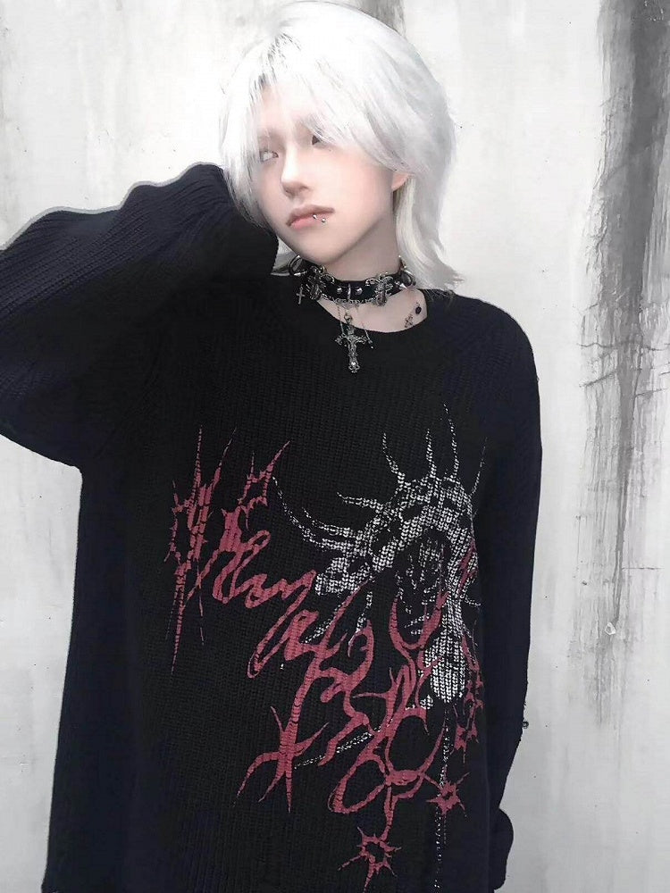 Oversized Black Long Sleeve Sweater with Distressed Holes and Centipede Print - Alita26SS