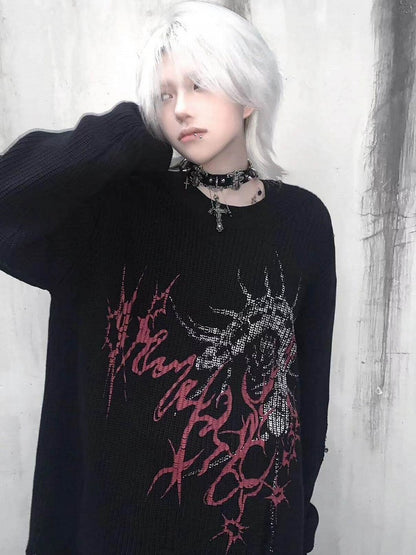 Oversized Black Long Sleeve Sweater with Distressed Holes and Centipede Print - Alita26SS