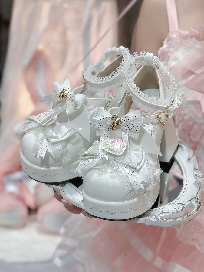 Janes Berry - Heart PU White High Block Mary Bow Fastener Polished Accented Customizable Heel in