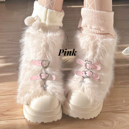 Black Heart-shaped Buckle Bow Shaggy Boots