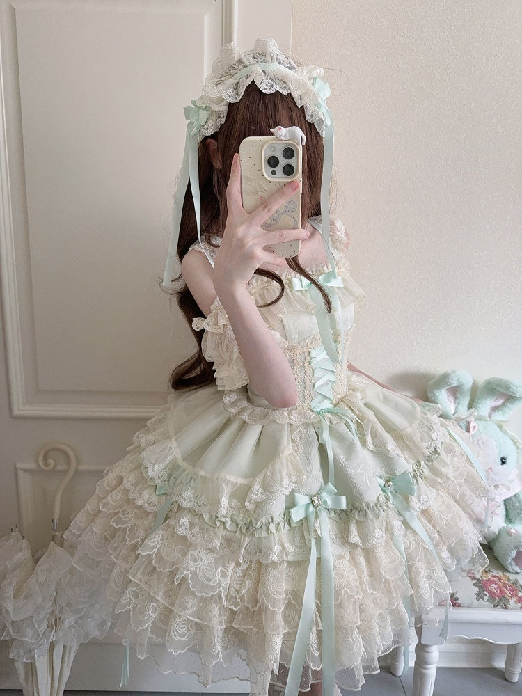 Bow Ballet-Style Details Multi-Layer Dress Cute Lace / JSK with + Ribbon Princess Train Large Green Skirt Only