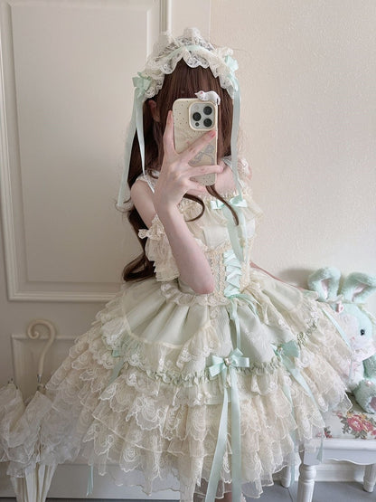 Bow Ballet-Style Details Multi-Layer Dress Cute Lace / JSK with + Ribbon Princess Train Large Green Skirt Only