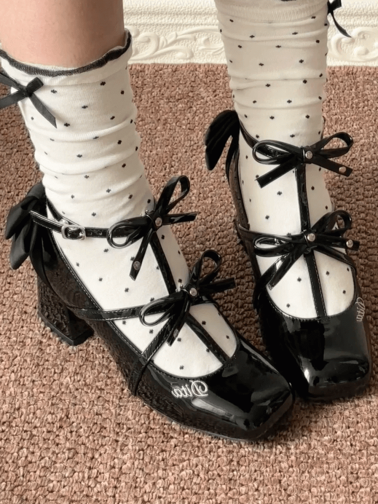 Polished T-strap Accents Shoes Design Bow Middle Heels Toe Square Elegant Black Lolita with