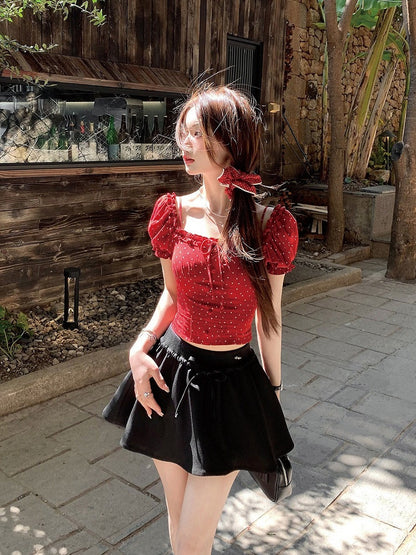 Red Square Neckline Short Sleeve Top with Polka Dot Pattern - Qchiwawameme