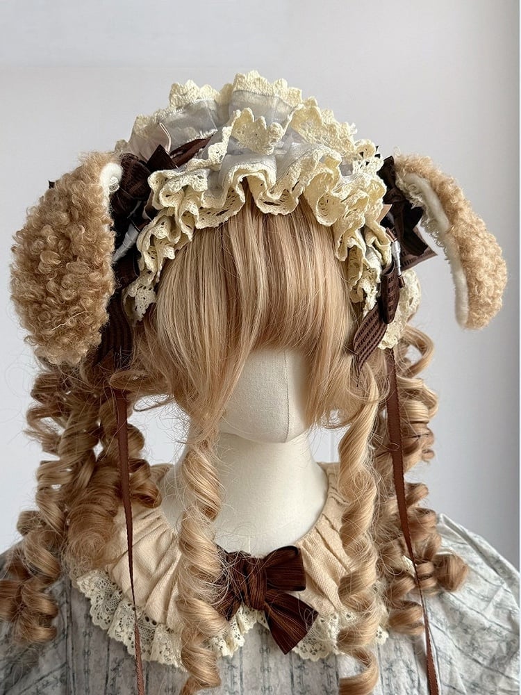 Detachable Plush Bunny Ears Hairband with Brown & Blue Bow Lace Accent - The Accessories' Story