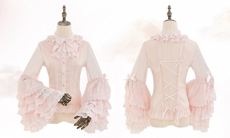 ピンクのロングレイヤードベルスリーブシフォンブラウス